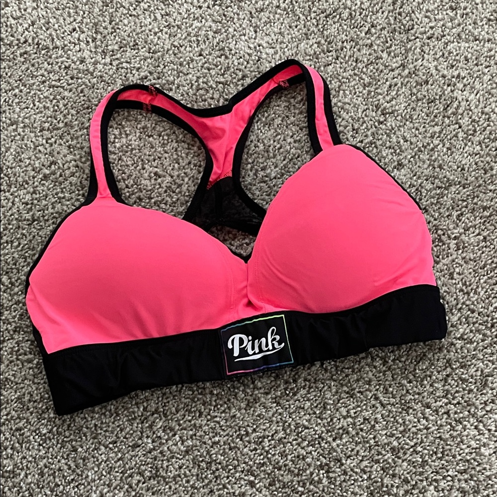 Victoria's Secret Pink Neon Pink and Black Racerback Sports Bra